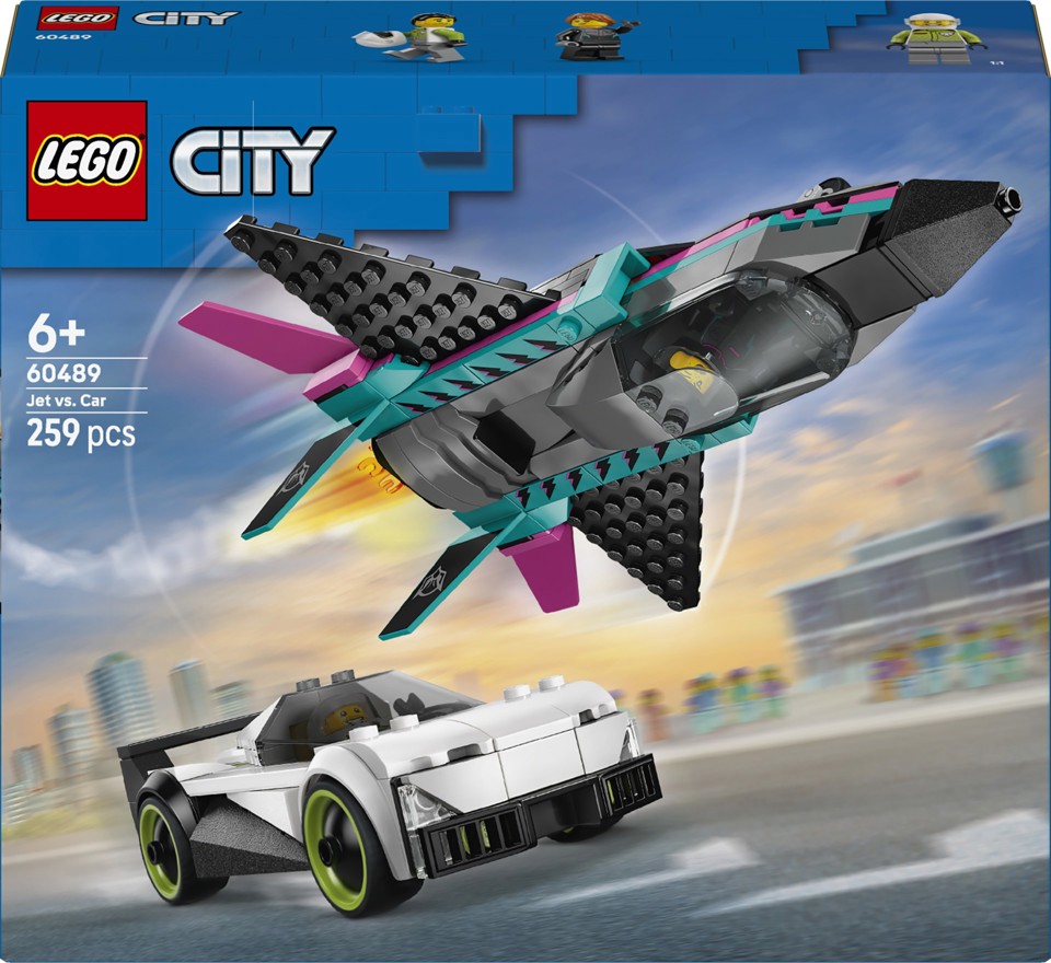 LEGO City 60489 Jet Contro Auto Sportiva Giocattolo, Aereo, Macchina e 2 Minifigure di Piloti
