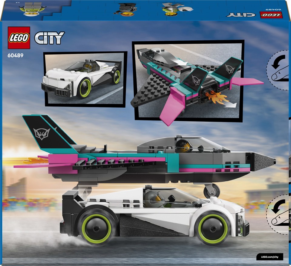 LEGO City 60489 Jet Contro Auto Sportiva Giocattolo, Aereo, Macchina e 2 Minifigure di Piloti