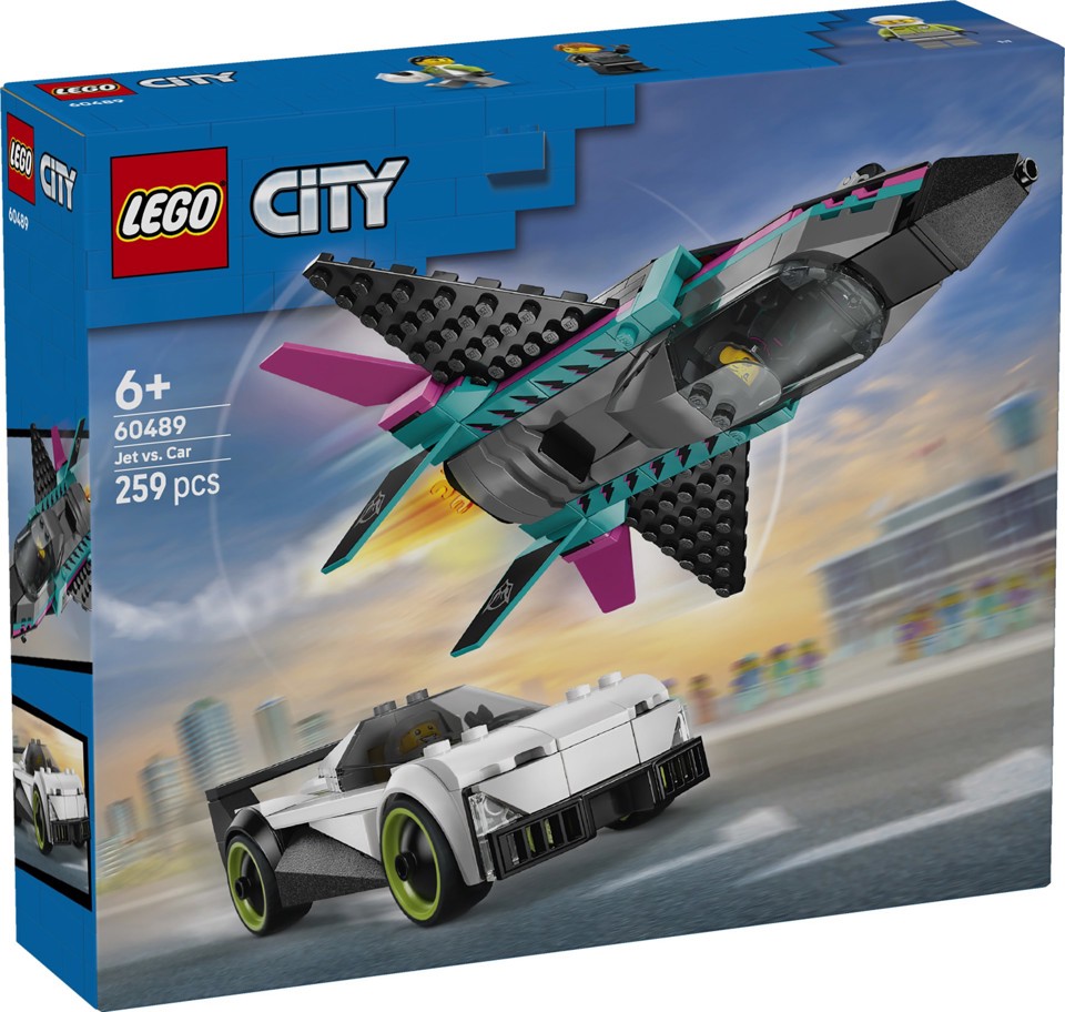 LEGO City 60489 Jet Contro Auto Sportiva Giocattolo, Aereo, Macchina e 2 Minifigure di Piloti