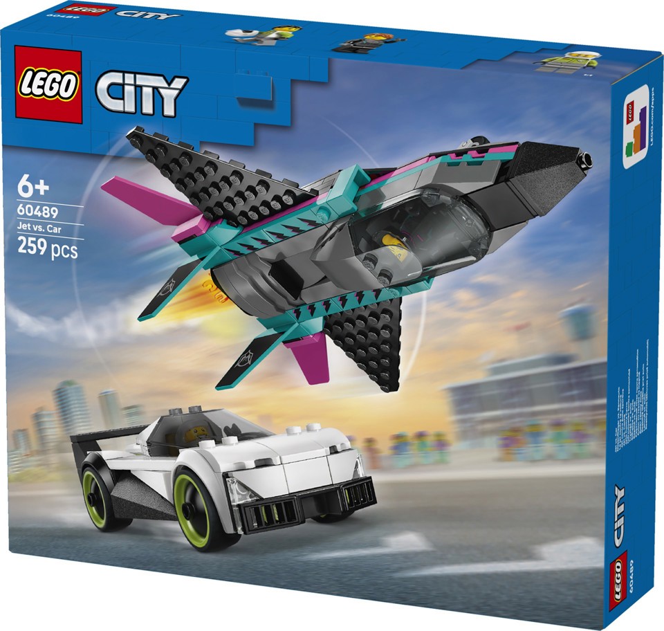 LEGO City 60489 Jet Contro Auto Sportiva Giocattolo, Aereo, Macchina e 2 Minifigure di Piloti