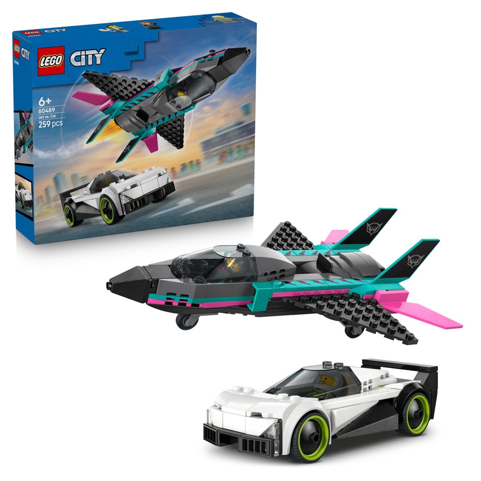 LEGO City 60489 Jet Contro Auto Sportiva Giocattolo, Aereo, Macchina e 2 Minifigure di Piloti
