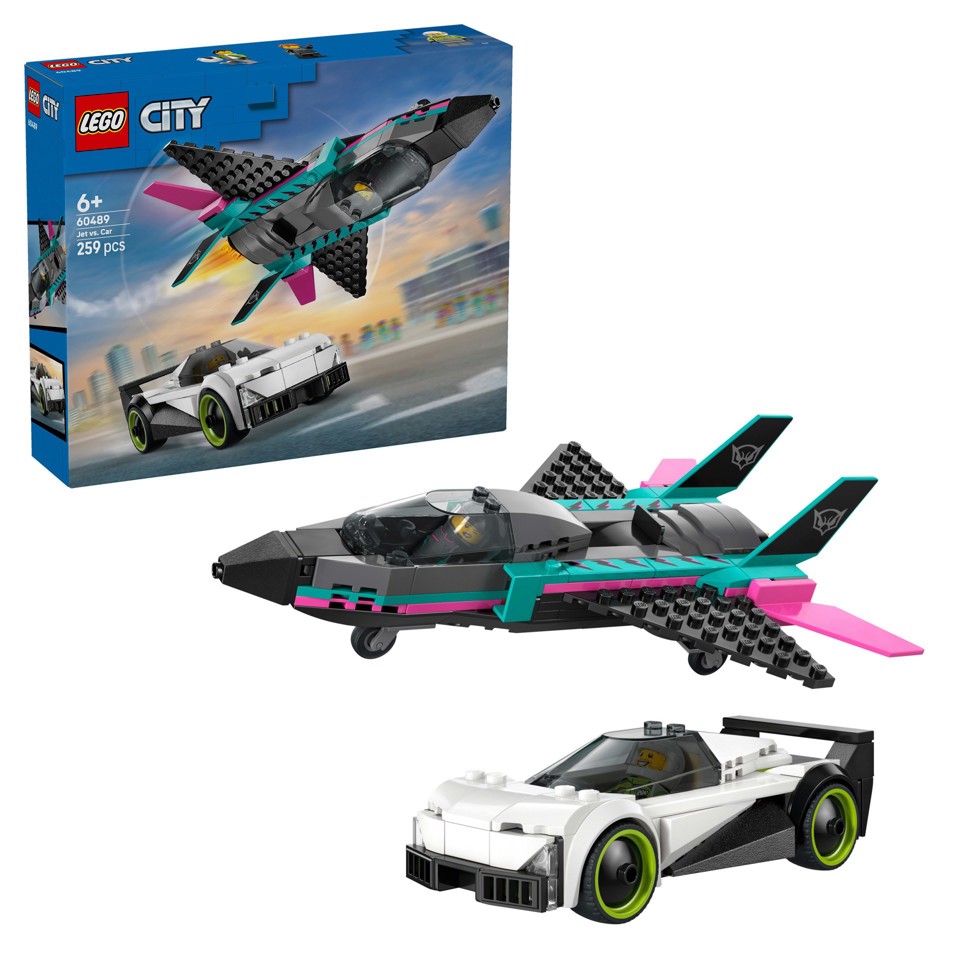LEGO City 60489 Jet Contro Auto Sportiva Giocattolo, Aereo, Macchina e 2 Minifigure di Piloti