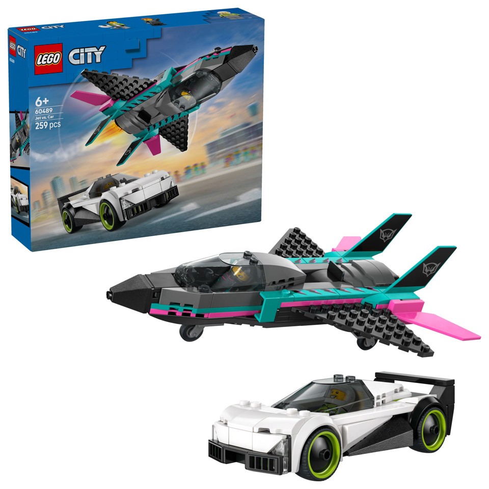 LEGO City 60489 Jet Contro Auto Sportiva Giocattolo, Aereo, Macchina e 2 Minifigure di Piloti