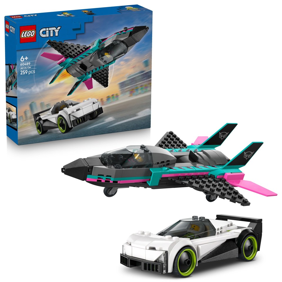 LEGO City 60489 Jet Contro Auto Sportiva Giocattolo, Aereo, Macchina e 2 Minifigure di Piloti