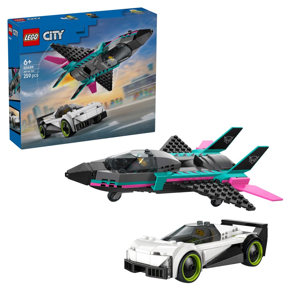 LEGO City 60489 Jet Contro Auto Sportiva Giocattolo, Aereo, Macchina e 2 Minifigure di Piloti, Idea Regalo per Bambini 6+