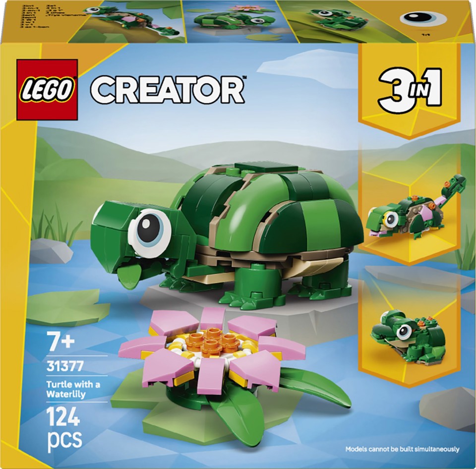 LEGO Creator 31377 3in1 Tartaruga con Fiore di Ninfea, Animale Giocattolo Trasformabile in Camaleonte o Rana