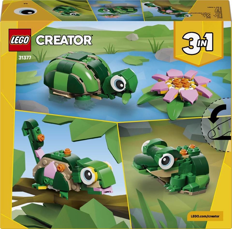 LEGO Creator 31377 3in1 Tartaruga con Fiore di Ninfea, Animale Giocattolo Trasformabile in Camaleonte o Rana