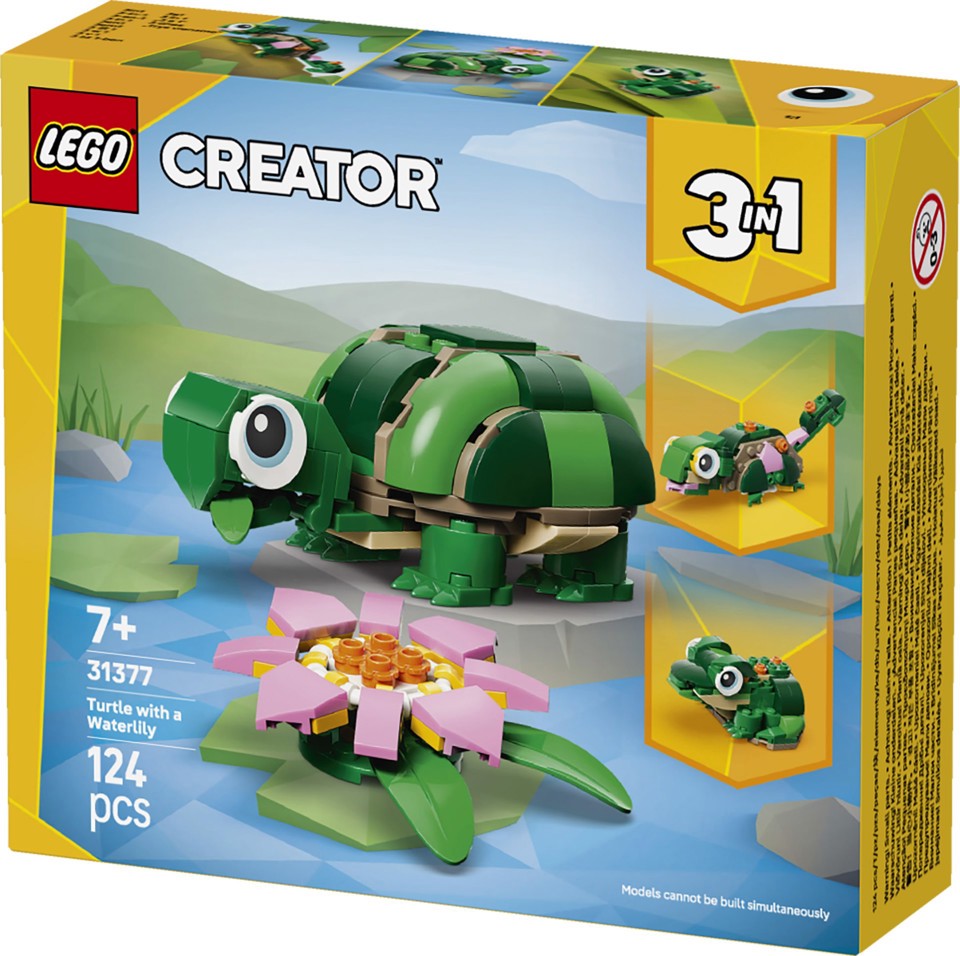 LEGO Creator 31377 3in1 Tartaruga con Fiore di Ninfea, Animale Giocattolo Trasformabile in Camaleonte o Rana