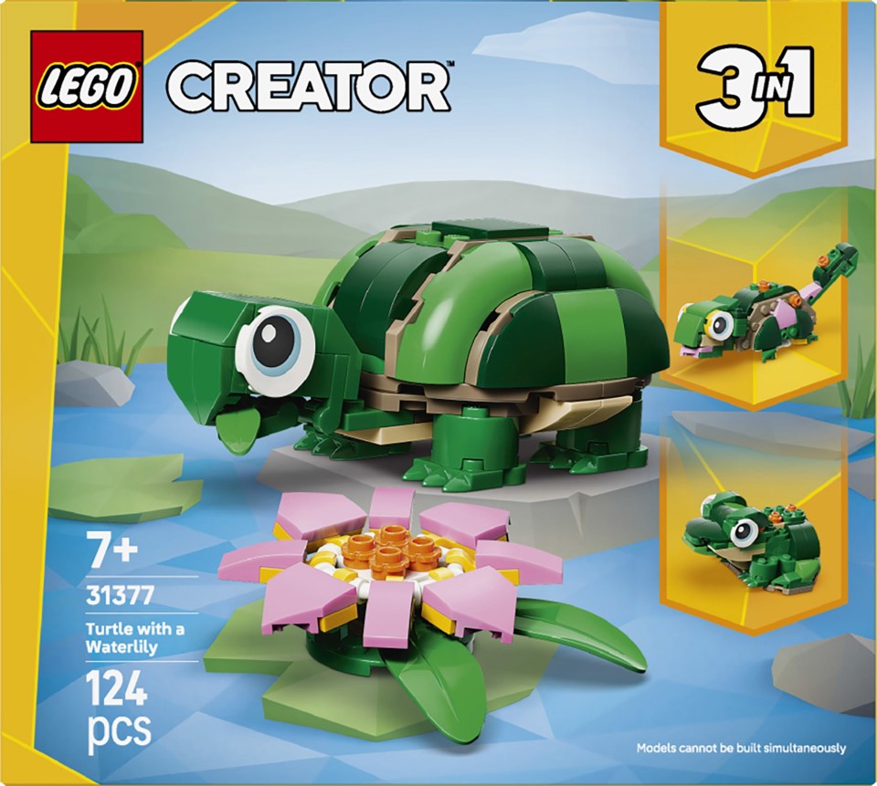 LEGO Creator 31377 3in1 Tartaruga con Fiore di Ninfea, Animale Giocattolo Trasformabile in Camaleonte o Rana