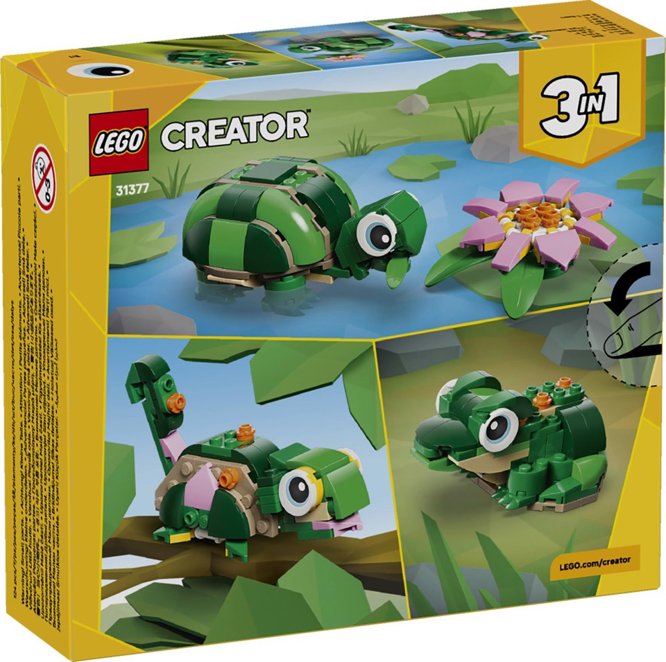 LEGO Creator 31377 3in1 Tartaruga con Fiore di Ninfea, Animale Giocattolo Trasformabile in Camaleonte o Rana