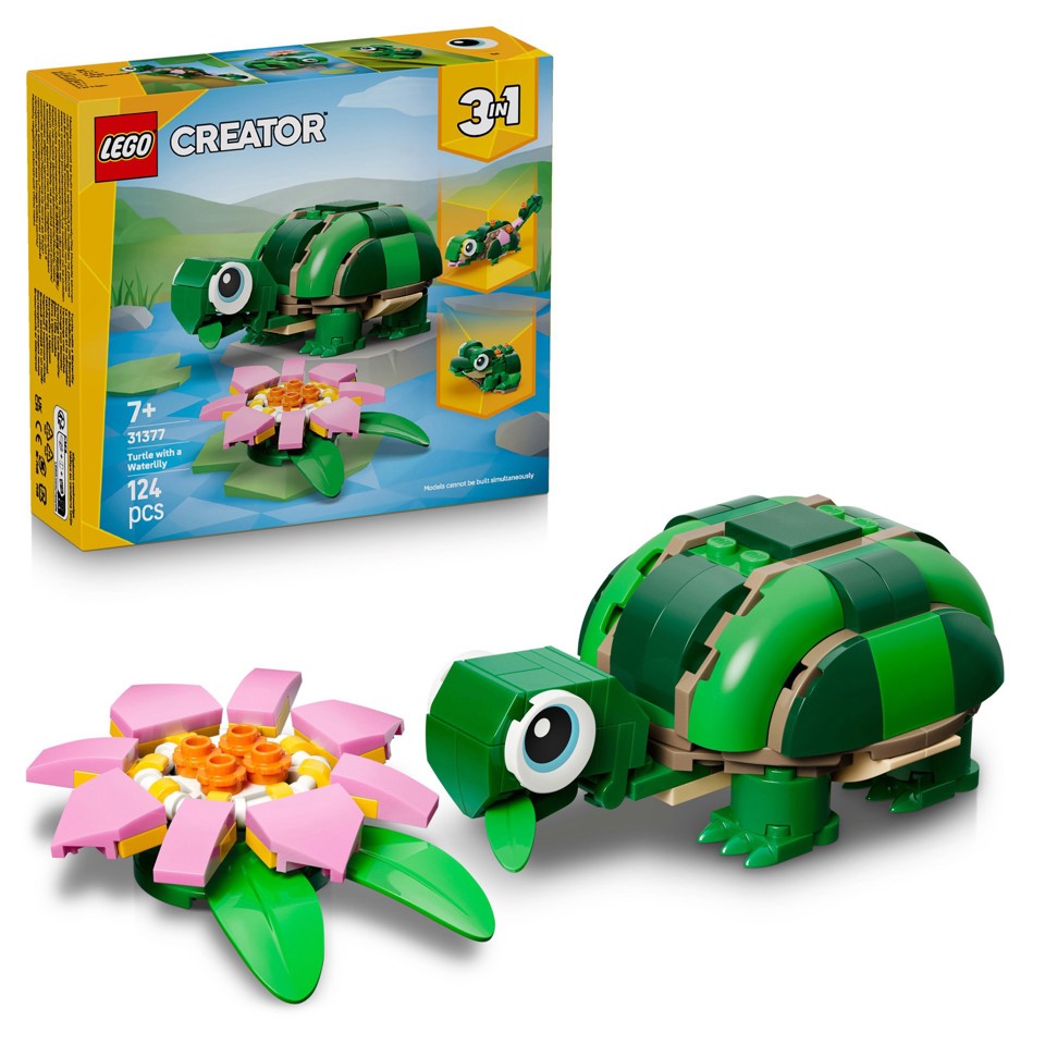 LEGO Creator 31377 3in1 Tartaruga con Fiore di Ninfea, Animale Giocattolo Trasformabile in Camaleonte o Rana