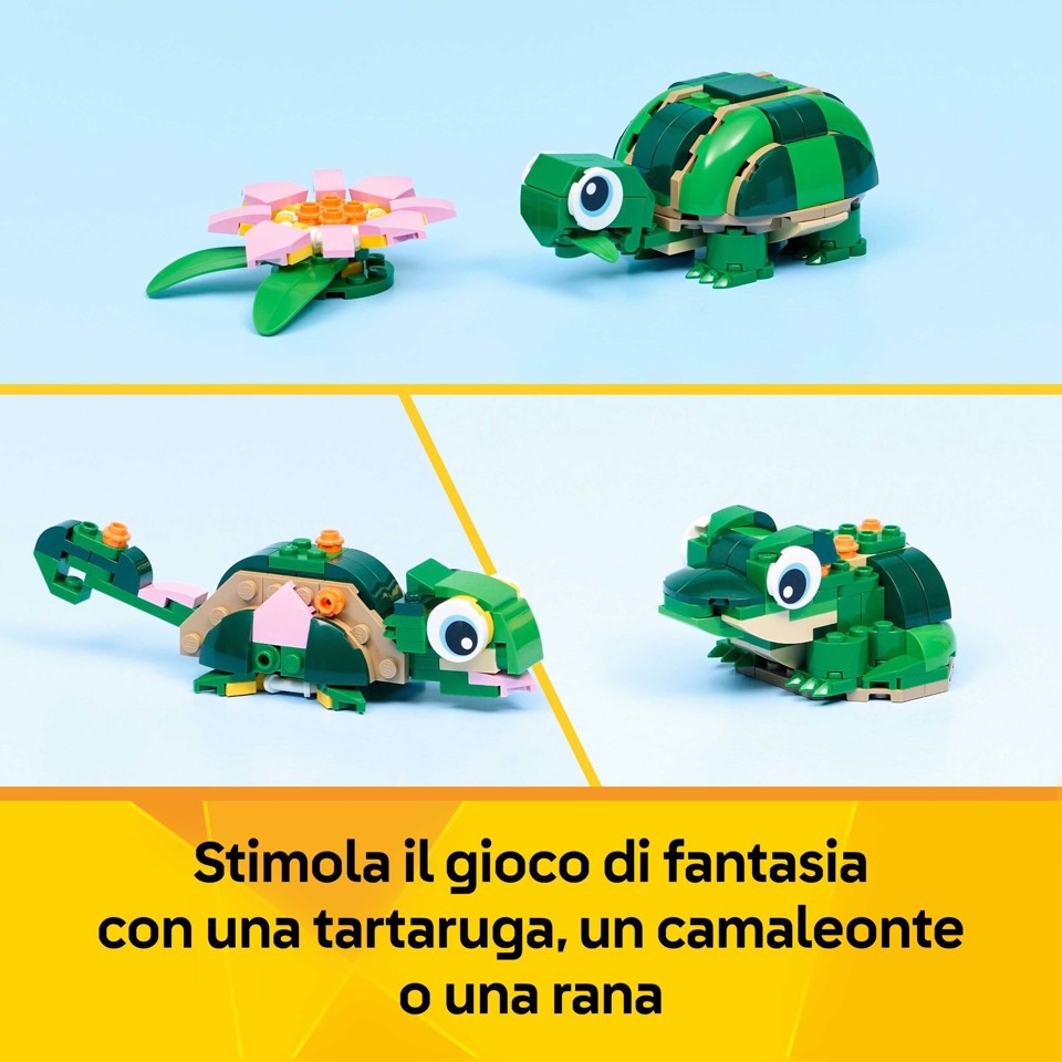 LEGO Creator 31377 3in1 Tartaruga con Fiore di Ninfea, Animale Giocattolo Trasformabile in Camaleonte o Rana