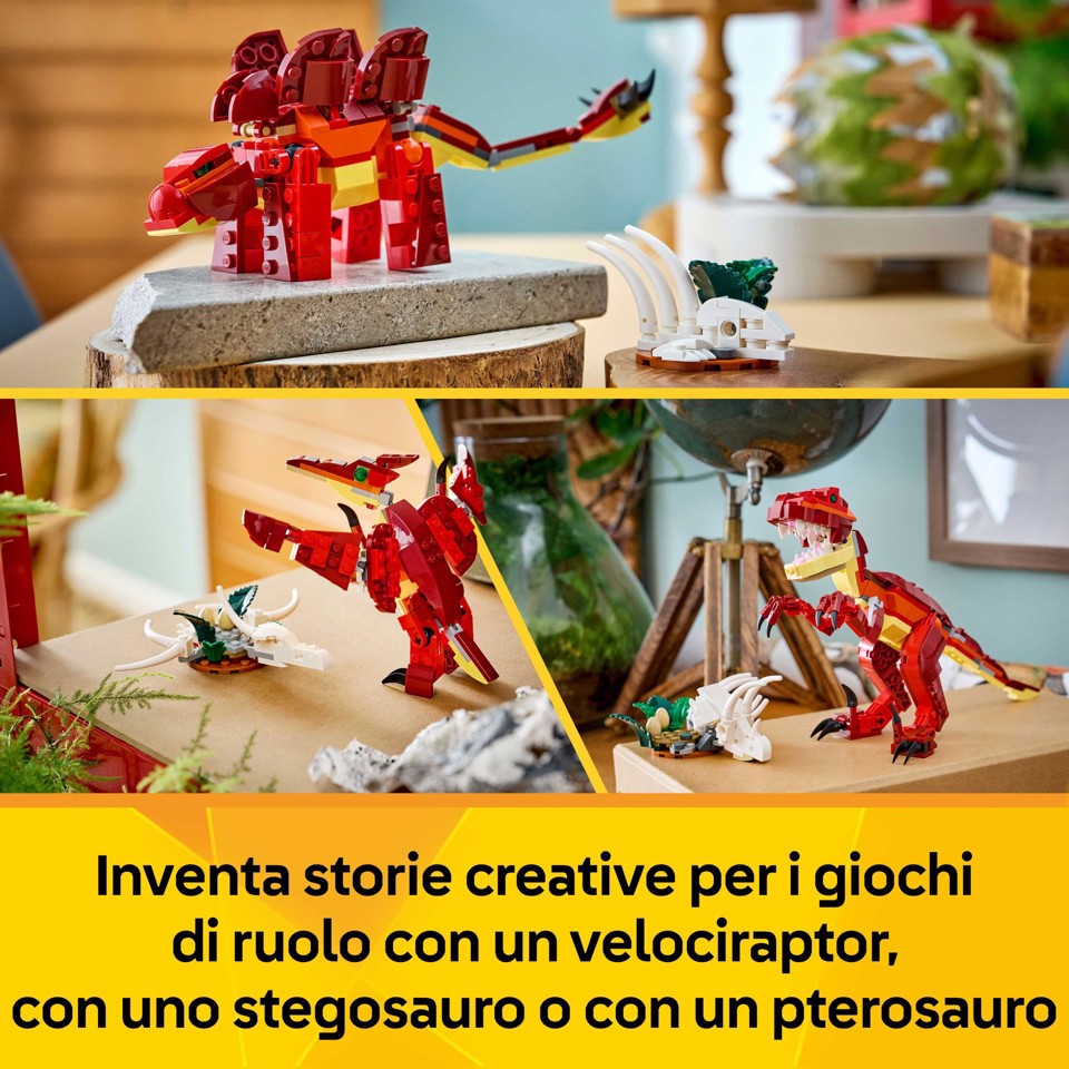 LEGO Creator 31379 3in1 Feroce Dinosauro Giocattolo, Velociraptor, Stegosauro o Pterosauro