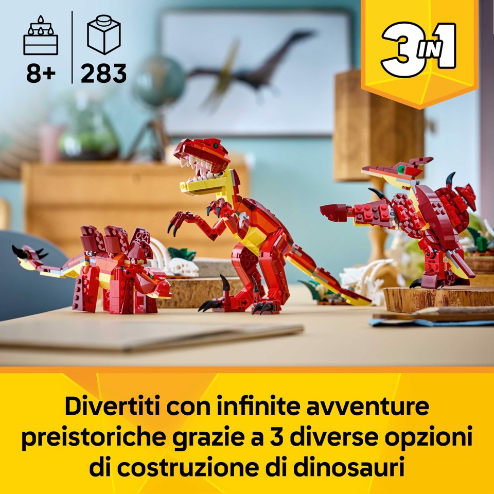 LEGO Creator 31379 3in1 Feroce Dinosauro Giocattolo, Velociraptor, Stegosauro o Pterosauro, Regalo per Bambini e Bambine 8+