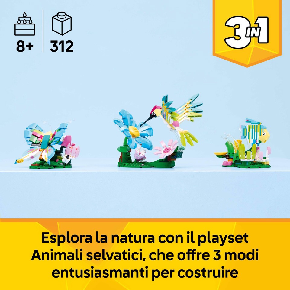 LEGO Creator 31384 3in1 Animali Selvatici: Colibrì Variopinto, Uccello Giocattolo Trasformabile in Farfalla o Pesce