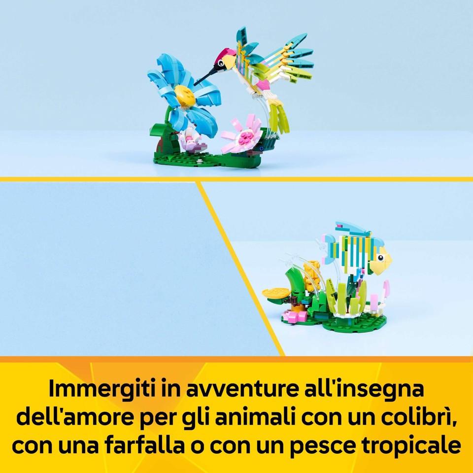 LEGO Creator 31384 3in1 Animali Selvatici: Colibrì Variopinto, Uccello Giocattolo Trasformabile in Farfalla o Pesce
