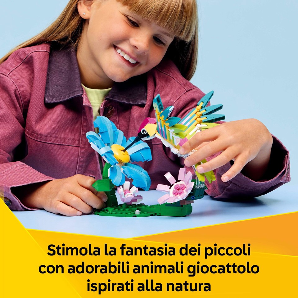 LEGO Creator 31384 3in1 Animali Selvatici: Colibrì Variopinto, Uccello Giocattolo Trasformabile in Farfalla o Pesce