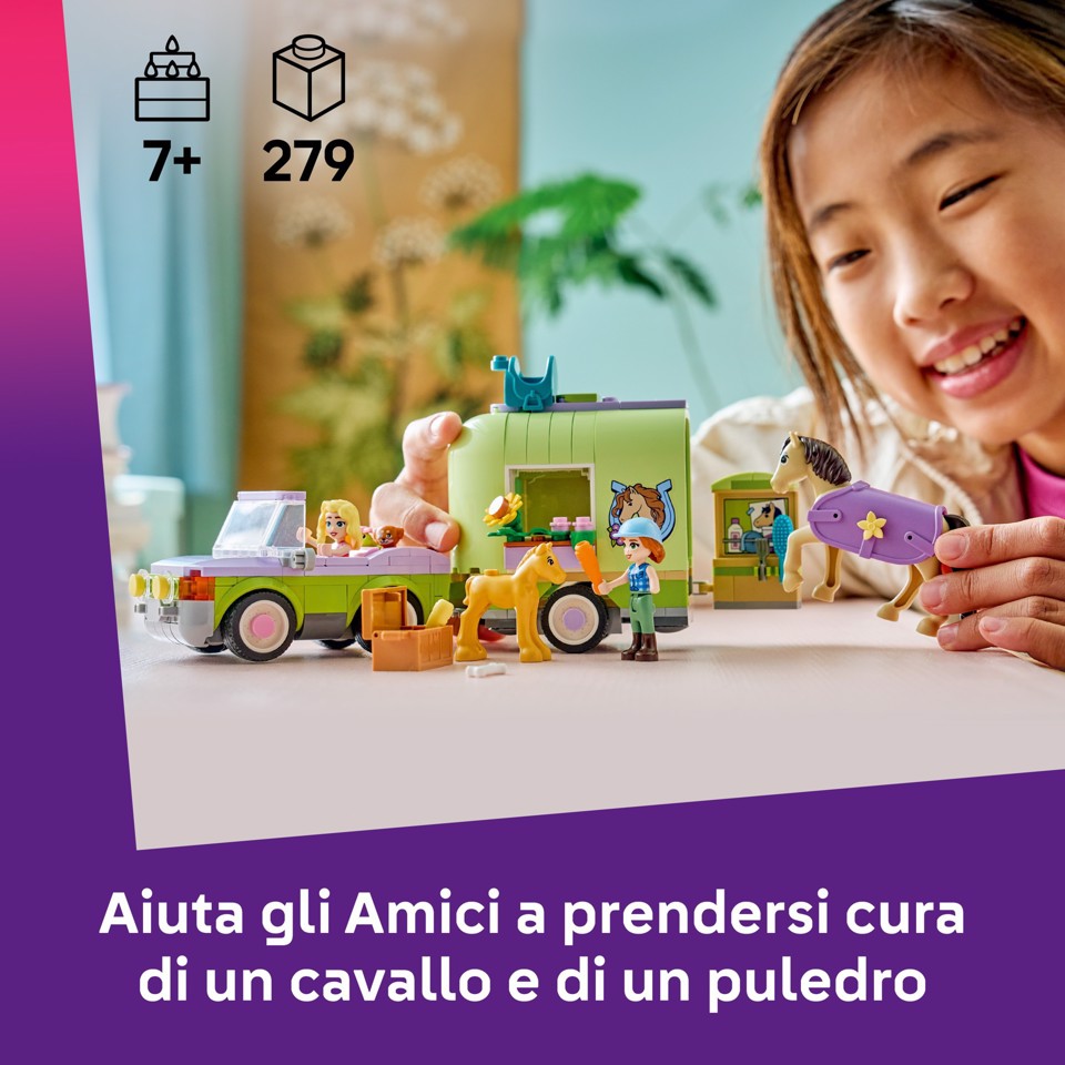LEGO Friends 42695 Rimorchio per Cavallo e Puledro, con Cavallo Giocattolo, Pony, Accessori, Auto, 2 Mini Bamboline, Regalo 7+