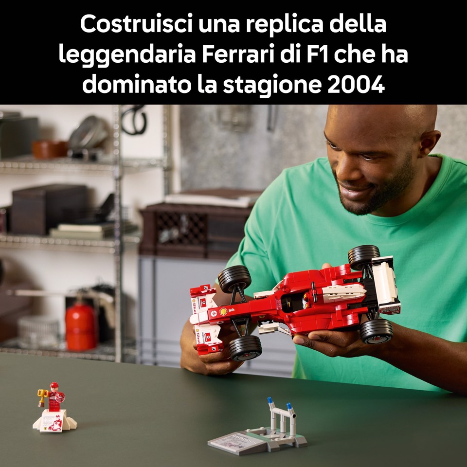 LEGO ICONS 11375 Ferrari F2004 e Michael Schumacher, Modello di Auto F1 per Adulti, Regalo per i Fan degli Sport Motoristici
