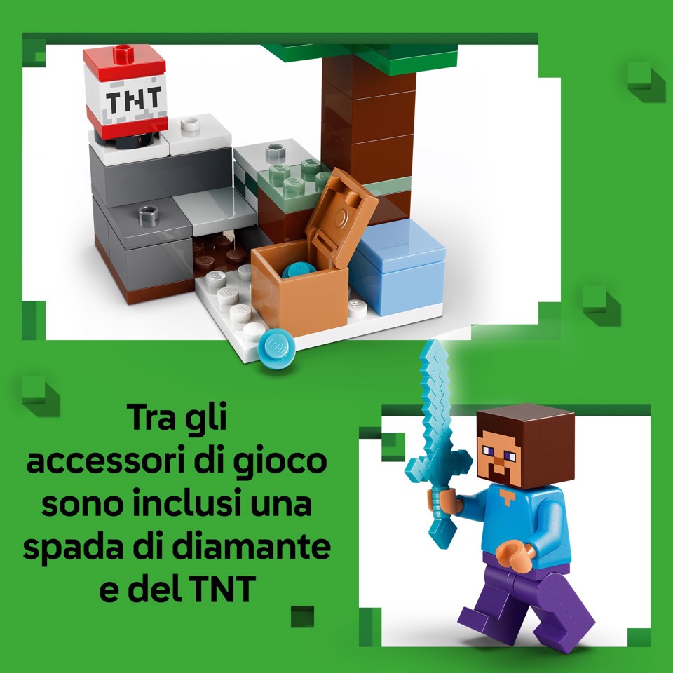 LEGO Minecraft 21583 Avventura di Steve nella Taiga, Giocattolo con Minifigure di Steve e Spada di Diamante, Regalo Gamer 6+
