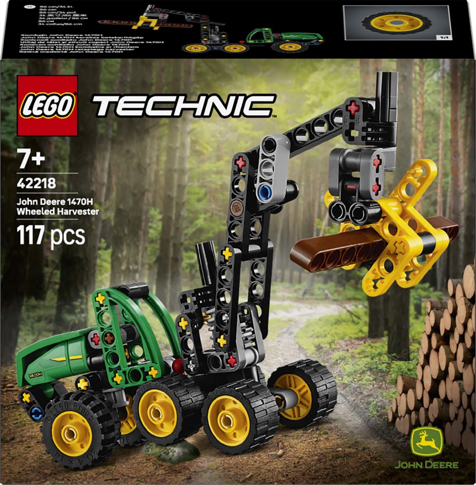 LEGO Technic 42218 Mietitrebbia Gommato John Deere 1470H, Veicolo Giocattolo da Cantiere, Braccio Rotante e Pinza, Regalo 7+