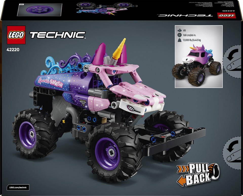 LEGO Technic 42220 Monster Jam Sparkle Smash a Retrocarica, Camion Giocattolo Pull-Back, Regalo per Bambini e Bambine da 7+