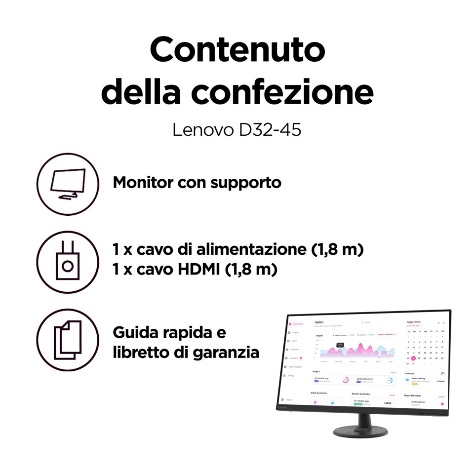 Lenovo D32-40 - Monitor 31.5" VA Flat FHD 1920x1080 0 60Hz 4ms - 1xHDMI 1.4 + 1xDP 1.2 - Stand Tilt Cavo HDMI incluso