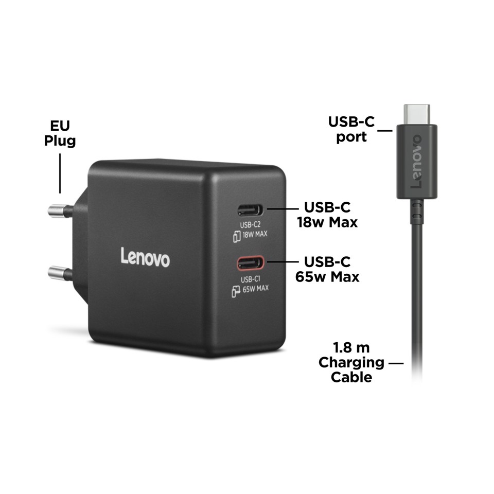 Lenovo Dual USB-C 65W GaN Charger, alimentatore compatto da muro con doppia Type-C, cavo USB-C 1,5 m incluso - ideale per laptop, cellulare e tablet: un solo caricabatterie per più dispositivi