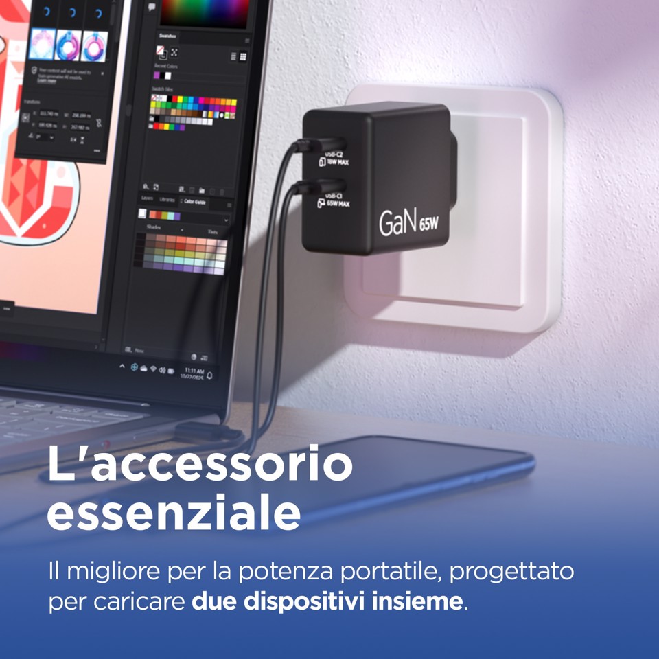 Lenovo Dual USB-C 65W GaN Charger, alimentatore compatto da muro con doppia Type-C, cavo USB-C 1,5 m incluso - ideale per laptop, cellulare e tablet: un solo caricabatterie per più dispositivi