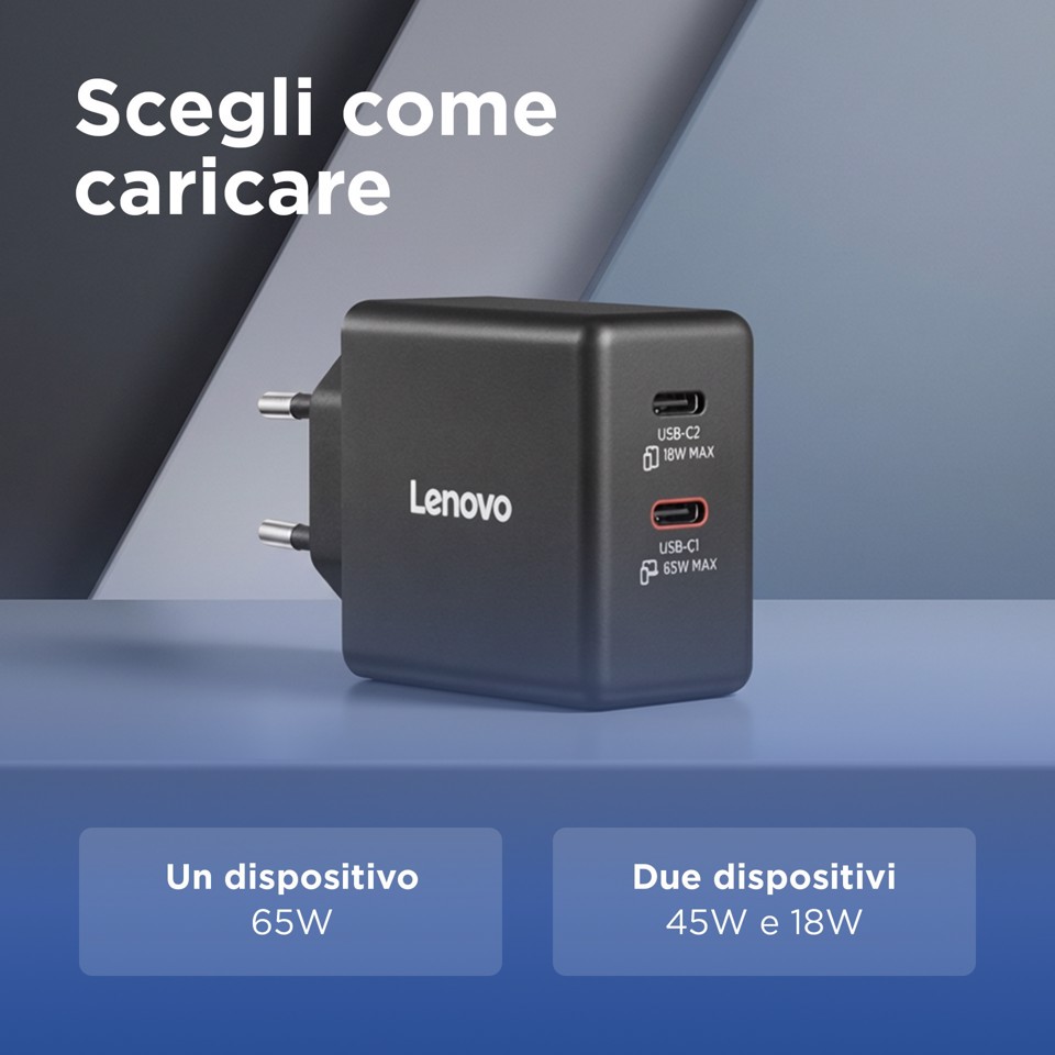 Lenovo Dual USB-C 65W GaN Charger, alimentatore compatto da muro con doppia Type-C, cavo USB-C 1,5 m incluso - ideale per laptop, cellulare e tablet: un solo caricabatterie per più dispositivi