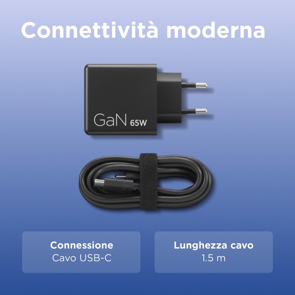 Lenovo Dual USB-C 65W GaN Charger, alimentatore compatto da muro con doppia Type-C, cavo USB-C 1,5 m incluso - ideale per laptop, cellulare e tablet: un solo caricabatterie per più dispositivi