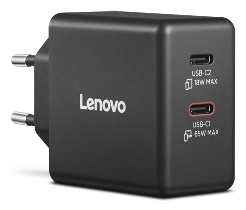 Lenovo Dual USB-C 65W GaN Charger, alimentatore compatto da muro con doppia Type-C, cavo USB-C 1,5 m incluso - ideale per laptop, cellulare e tablet: un solo caricabatterie per più dispositivi