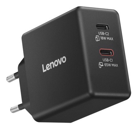 Lenovo Dual USB-C 65W GaN Charger, alimentatore compatto da muro con doppia Type-C, cavo USB-C 1,5 m incluso - ideale per laptop, cellulare e tablet: un solo caricabatterie per più dispositivi