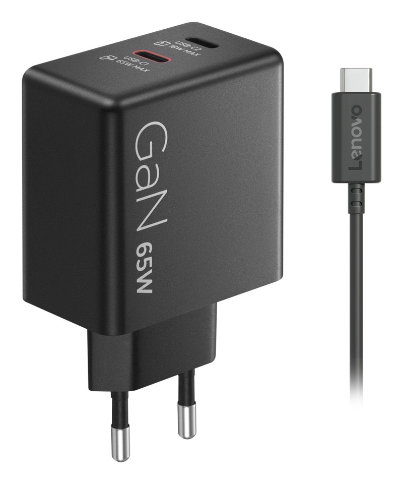 Lenovo Dual USB-C 65W GaN Charger, alimentatore compatto da muro con doppia Type-C, cavo USB-C 1,5 m incluso - ideale per laptop, cellulare e tablet: un solo caricabatterie per più dispositivi