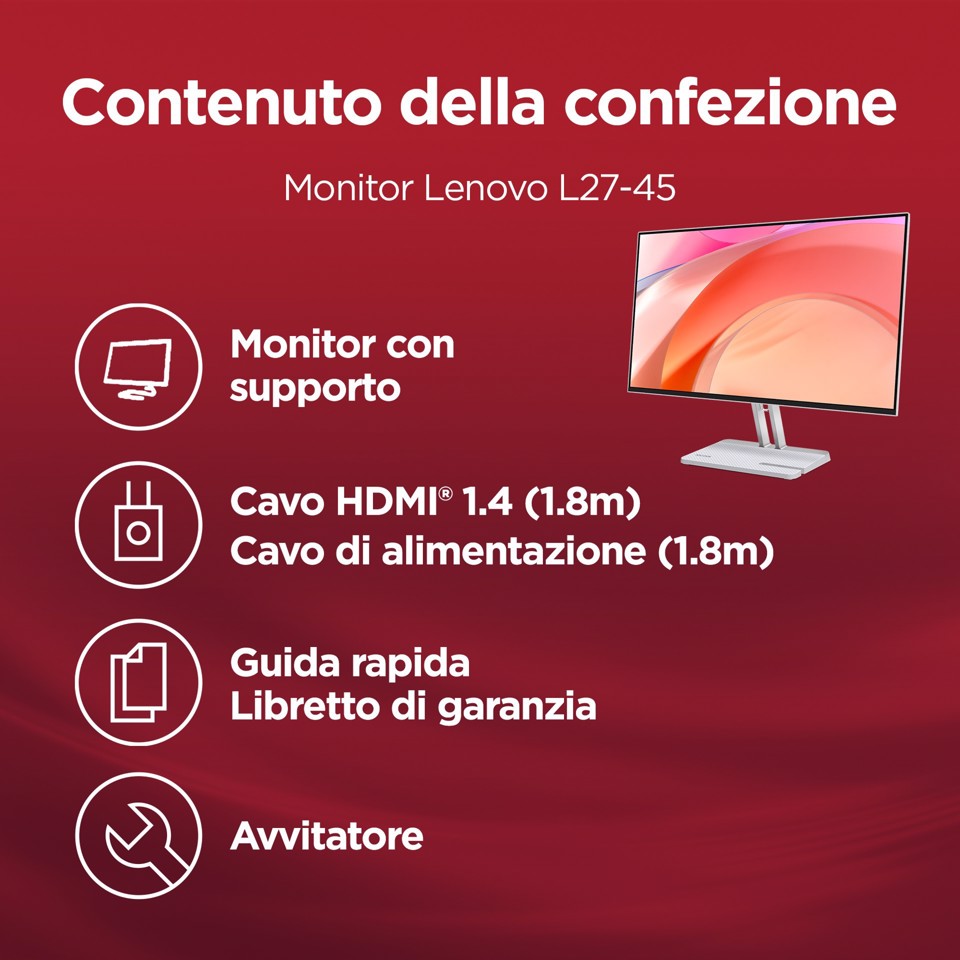 Lenovo L27-4C - Monitor 27" IPS Flat FHD 1920x1080 0 144Hz 1ms - Speakers AMD FreeSync 2xHDMI 1.4 + 1xVGA - Stand Tilt Cavo HDMI incluso