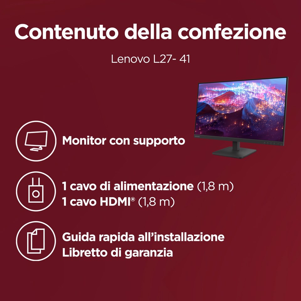 Lenovo L27-4e - Monitor 27" IPS Flat FHD 1920x1080 0 100Hz 4ms - 1xHDMI 1.4 + 1xVGA - Stand Tilt Cavo HDMI incluso