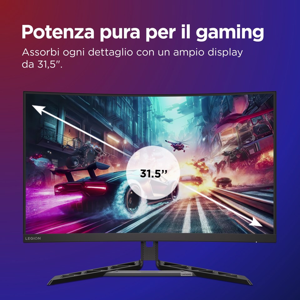 Lenovo Legion R32qc-30 - Monitor Gaming 31.5" VA Curvo 1500R QHD 2560x1440 0 180Hz 0.5ms - Speakers AMD FreeSync + VESA AdaptiveSync 2xHDMI 2.1 + 1xDP 1.4 - Stand Height + Tilt + Swivel Cavo DP incluso