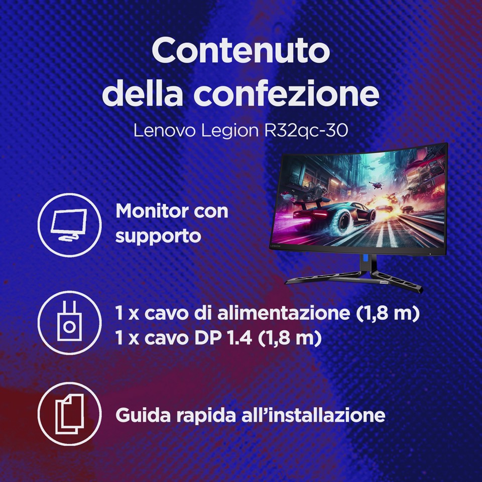 Lenovo Legion R32qc-30 - Monitor Gaming 31.5" VA Curvo 1500R QHD 2560x1440 0 180Hz 0.5ms - Speakers AMD FreeSync + VESA AdaptiveSync 2xHDMI 2.1 + 1xDP 1.4 - Stand Height + Tilt + Swivel Cavo DP incluso