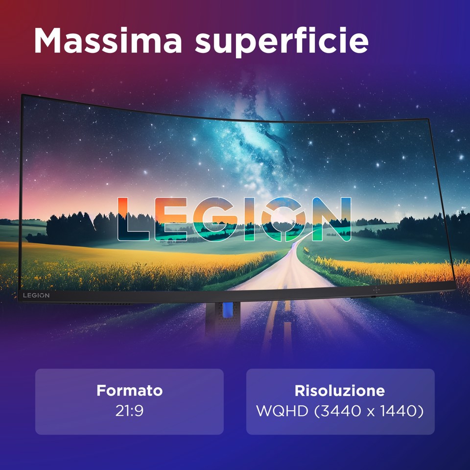 Lenovo Legion R34w-30 - Monitor Gaming 34" VA Curvo 1500R UWQHD 3440x1440 0 180Hz 0.5ms - Speakers AMD FreeSync Premium + VESA AdaptiveSync 2xHDMI 2.1 + 1xDP 1.4 - Stand Height + Tilt + Swivel Cavo DP incluso