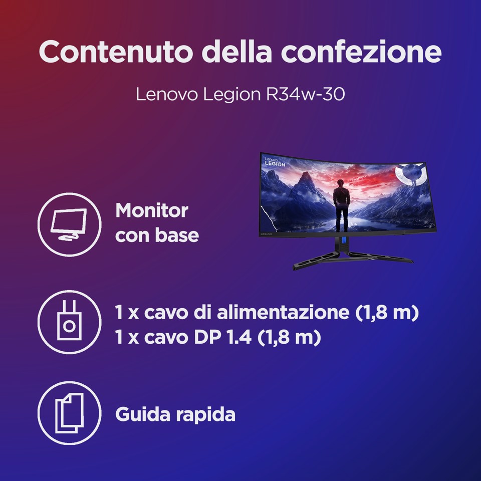 Lenovo Legion R34w-30 - Monitor Gaming 34" VA Curvo 1500R UWQHD 3440x1440 0 180Hz 0.5ms - Speakers AMD FreeSync Premium + VESA AdaptiveSync 2xHDMI 2.1 + 1xDP 1.4 - Stand Height + Tilt + Swivel Cavo DP incluso