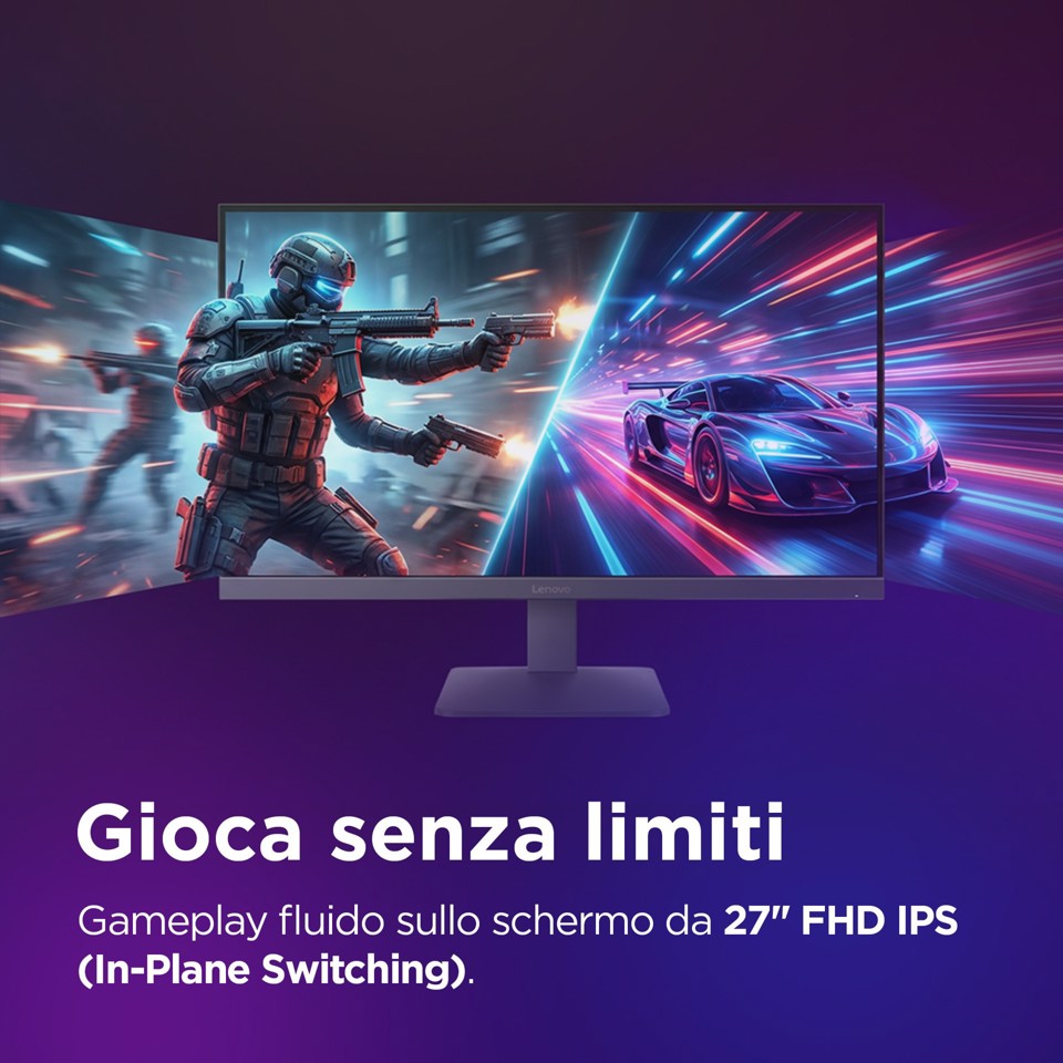 Lenovo LOQ 27-10 - Monitor Gaming 27" IPS Flat FHD 1920x1080 0 200Hz 0.5ms - AMD FreeSync Premium + VESA AdaptiveSync 2xHDMI 2.1 + 1xDP 1.4 - Stand Tilt Cavo DP incluso