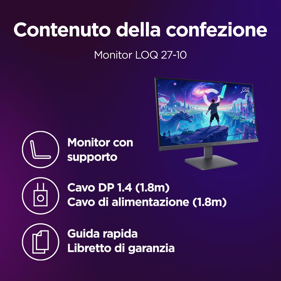 Lenovo LOQ 27-10 - Monitor Gaming 27" IPS Flat FHD 1920x1080 0 200Hz 0.5ms - AMD FreeSync Premium + VESA AdaptiveSync 2xHDMI 2.1 + 1xDP 1.4 - Stand Tilt Cavo DP incluso