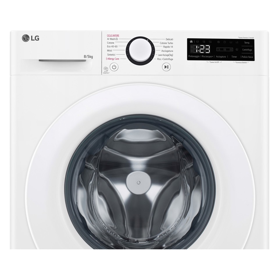 LG D2R3S08NSWW Lavasciuga slim 8/5kg AI DD, Classe E, 1200 giri, AI Wash, Vapore