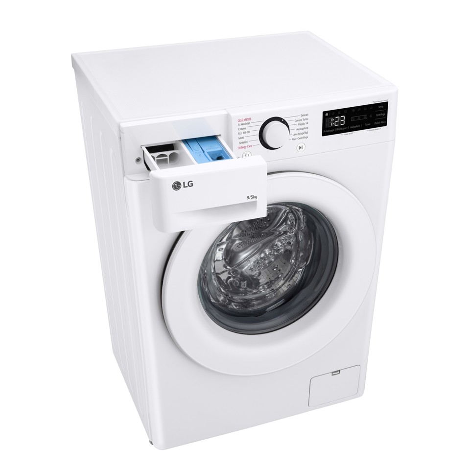 LG D2R3S08NSWW Lavasciuga slim 8/5kg AI DD, Classe E, 1200 giri, AI Wash, Vapore
