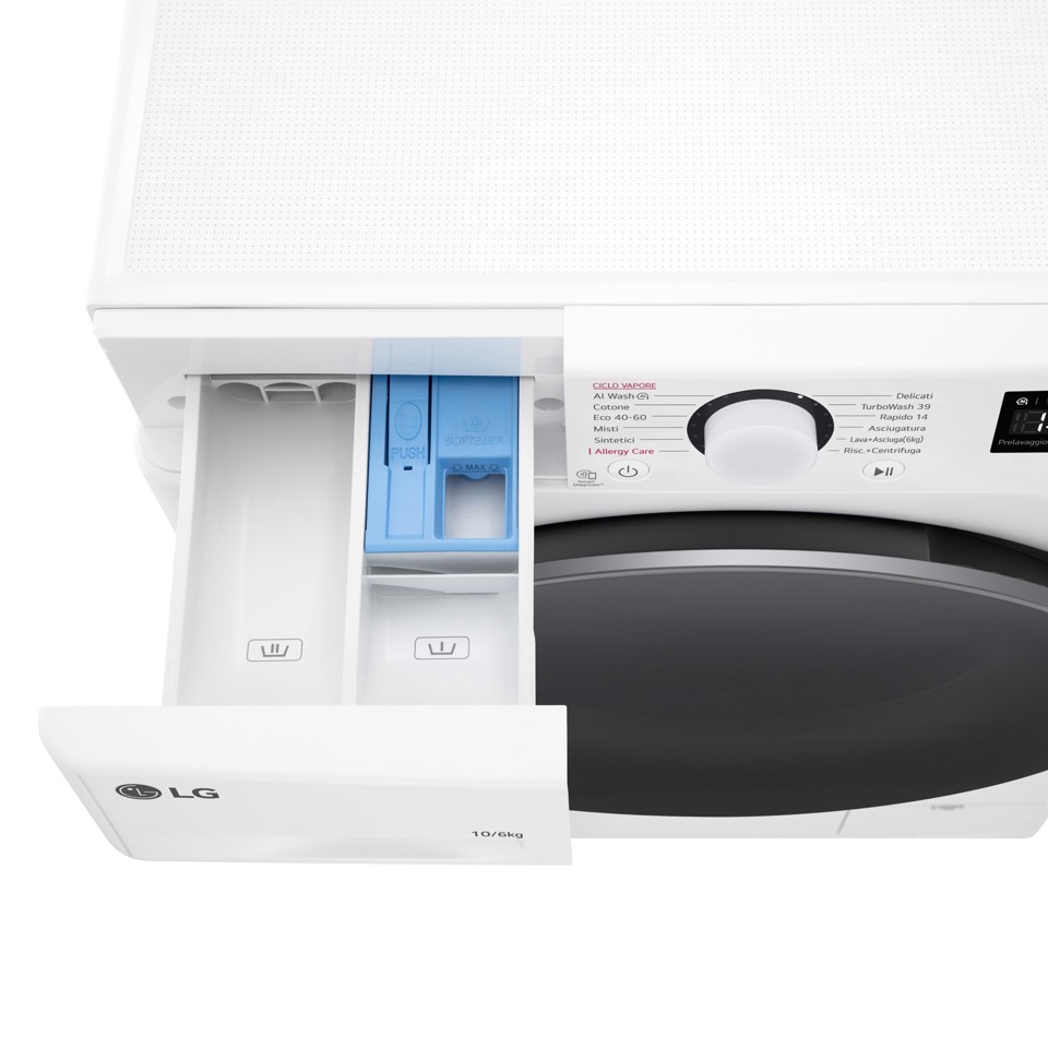 LG D4R5010TSWS Lavasciuga 10/6kg AI DD, Serie R5 Classe D, 1400 giri, TurboWash 360, Vapore, Eco Hybrid, Bianca