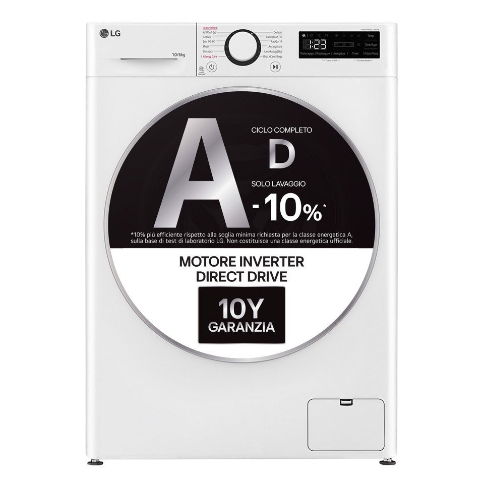 LG D4R5010TSWS Lavasciuga 10/6kg AI DD, Serie R5 Classe D, 1400 giri, TurboWash 360, Vapore, Eco Hybrid, Bianca