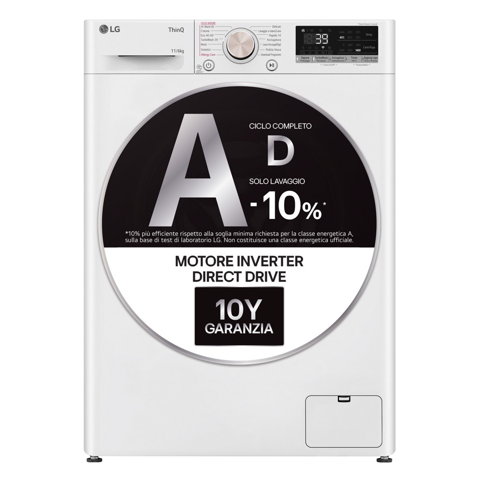 LG D4R7011TSWG Lavasciuga 11/6kg AI DD, Classe D, 1400 giri, TurboWash 360, Vapore, Wi-Fi