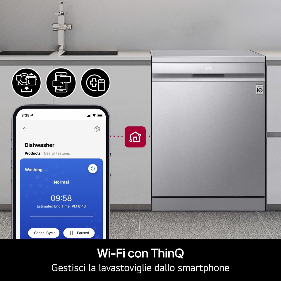 LG DF375HVS Lavastoviglie libera installazione, Classe A, 14 Coperti, Vapore, WI-FI, Grigia