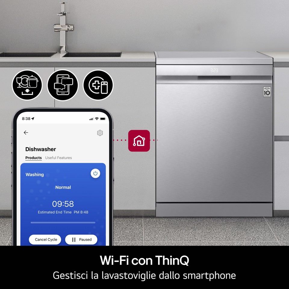 LG DF375HVS Lavastoviglie libera installazione, Classe A, 14 Coperti, Vapore, WI-FI, Grigia