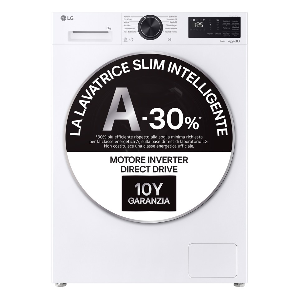 LG F2NX50S8TLB Lavatrice Slim Intelligente 8 kg Classe A-30% Bianco